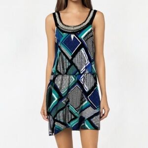 SANDRA DARREN Geometric Print with Metallic Shimmery Neckline Midi Dress Size 6